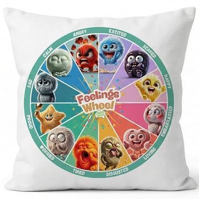 Feelings Wheel Pillow Cover 18x18 in – Calming Corner Emotional Learning Cushion for Kids, Soft Synthetic Velvet | Throw Pillow Case for Classroom, Therapy, Playroom or Bedroom