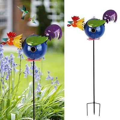 37" Bird Houses for Outside, Outdoor Metal Rooster Birdhouse with Hanging String & Poles for Patio, Yard, Garden