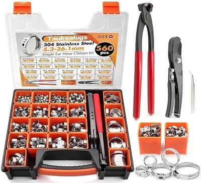 560PCS 22-Sizes Stepless Single Ear Hose Clamp Kit with Pliers & Cutter, 5.3-36.1mm (1/4"-1-3/8") 304 Stainless Steel Anti-Corrosion Clamps for Automotive Fuel Line,CV Boot,HVAC,Radiator & PEX