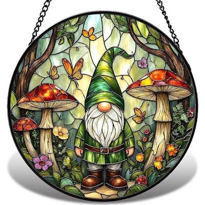 Gnome Stained Glass Suncather for Window Hanging with Mushroom & Butterfly, 6.3'' Forest Gnome Ornament Gift for Women, Whimsical Home Decor Gifts for Mom Grandma (Green Gnome, 6.3'')