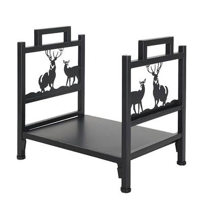Firewood Log Rack, Small Iron Lumber Storage Holder, Wood Pile Stacker Organizer for Indoor Outdoor Fireplace Fire Stove Pit With Elk Christmas Elements Black