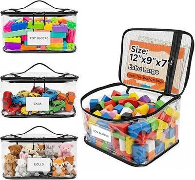 HOUYEE 3 Pack Extra Large Clear Toy Storage Bags With Zipper (Black) | Toy Organizer Bags with Name Tags and Mesh Pocket,Reusable PVC Waterproof Storage Bags for Toys, Board Games, Building Blocks