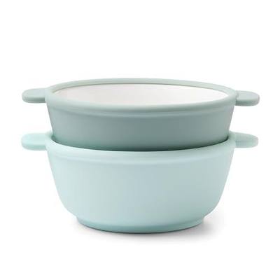 Ello Clean Start Ceramic Toddler Bowls with Sleeves, 2 Pack, Dewdrop/Grayed Jade