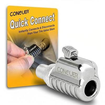 CONQUER Quick Connect Air Chuck, Auto-Grip Schrader Valve Adapter, 360° Swivel | Patented push-to-lock, one-button release, zero-leak, anti-kink 360° swivel, open-flow. For car, motorcycle, RV & e-bike