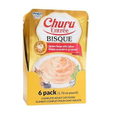 INABA Churu Entree Bisque Wet Cat Food, Chicken Salmon, 6ct | Complete & balanced wet cat food, Digestive support, Immune support, 90% moisture, Creamy bisque, 6 x 1.76 oz pouches
