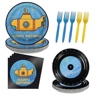 96 Pcs Submarine Theme Happy Birthday Party Supplies Serves 24 | Music Birthday Plates and Napkins Retro Record Tableware Set for Boys Girls Adults Birthday Baby Shower Music Party Supplies