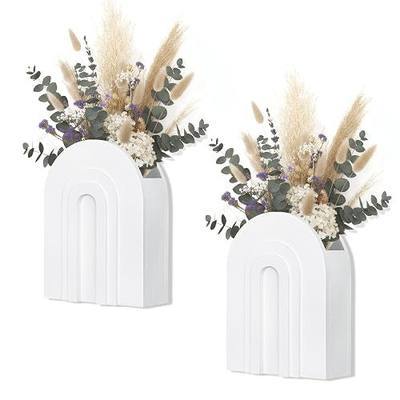 2 Pack White Wooden Wall Vase for Pampas Grass and Dried Flowers | Wall vases for faux flowers and greenery; boho bathroom wall decor for hallway, entryway, bedroom or living room