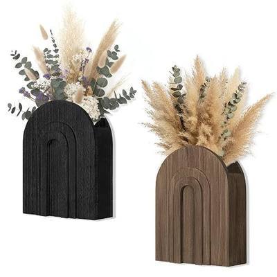 2 Pack Wooden Wall Vase Black and Natural for Pampas Grass and Dried Stems | Two-tone wall-mounted vases for faux greenery and eucalyptus; rustic wall decor for living room, bedroom, hallway or entryway