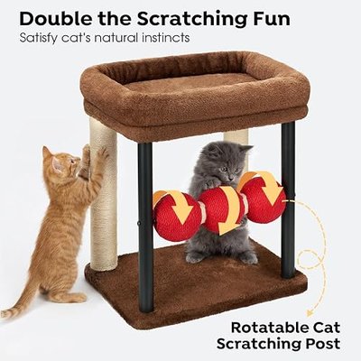 Veehoo Small Cat Tree, Cat Scratching Post with 17"x13" Wide Top Bed | 20.5" Cats tower, natural sisal scratch posts, rotatable balls, for small spaces, kitten-friendly