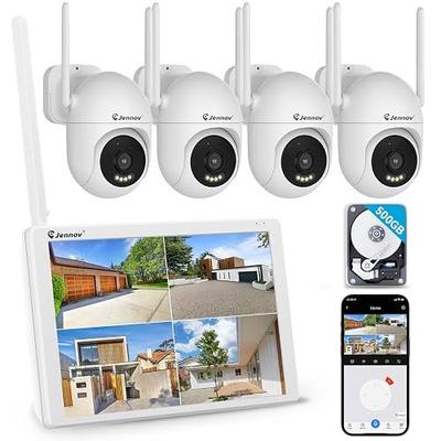 Jennov 5MP WiFi Security Camera System with Monitor, 4 Plug-in Cameras | 10CH NVR with 500GB HDD, No Subscription Recording, Color Night Vision, Wireless Video Signal, Motion Alerts, IP66 Outdoor