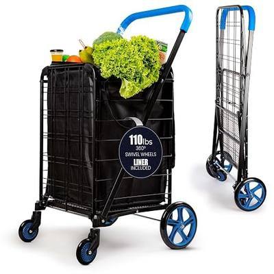 SereneLife Large Folding Utility Shopping Cart with Removable Liner – Heavy Duty, 360° Swivel Wheels, 110 lb Capacity, Portable for Groceries, Laundry, Luggage, and More (Blue)