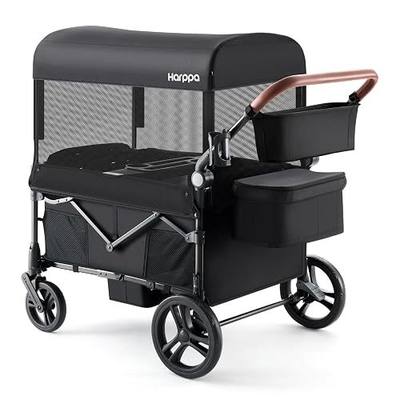 Harppa Remy 4 Seater Wagon Stroller, Foldable with Canopy for 4 Kids | Wagon Strolle with Mosquito Net Canopy,Snack Tray, 8''/12''All-Terrain Wheels, 280Ibs Capacity for Zoo, Family Outings