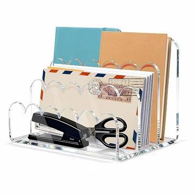 Acrylic Mail Organizer for Desk, 3-Compartment Clear Letter Sorter with Scalloped Edge, Vertical File Holder for Envelopes, Bills and Stationery, Home Office Countertop