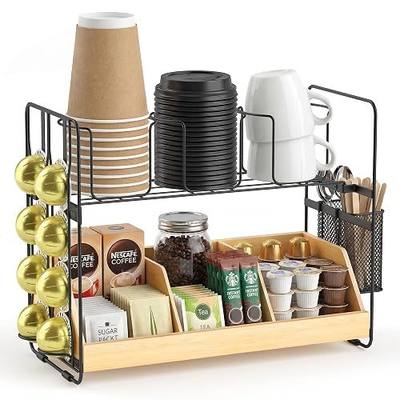 Coffee Station Organizer for Countertop - Bamboo Bar Organizer Rack for Nespresso Pod & K Cup - Coffee Pods Holder Storage Basket - Cup and Condiment Station for Kitchen Office Home (Black)