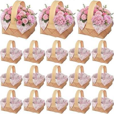 18 Pcs Pink Floral Mini Woven Baskets with Handle with 18 Sheet Pink Floral Napkin for Flower Fruit Picnic Basket Chip for Wedding Birthday Bridal Shower Baby Shower Favor Gift