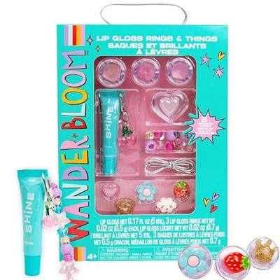Wander Bloom Lip Gloss Rings & Things, 5-Piece Makeup Kit with Customizable Glosses, Stickers, and Charms