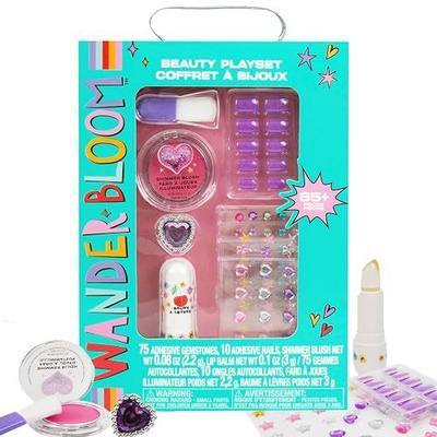 Wander Bloom Beauty Playset, Kids Makeup Kit with Over 85 Pieces, Including Press-On Nails, Lip Balm, Blush, and Face Gems, Pretend Dress-Up Toy for Girls