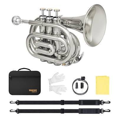 SONICAKE Pocket Trumpet for Beginners Students - Nickel Plated Bb Flat Mini Brass Trumpet Full Kit with 7C Mouthpiece, Hard Case, Gloves & Cleaning Kit QPT-02 (Nickel)