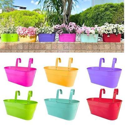 LaLaGreen Large Rail Planter (11.8 in, 6 Pack) Colorful Metal Balcony Pots | Balcony railing planters deck fence patio porch outdoor plants, iron hanging buckets multicolor herb garden, macetas
