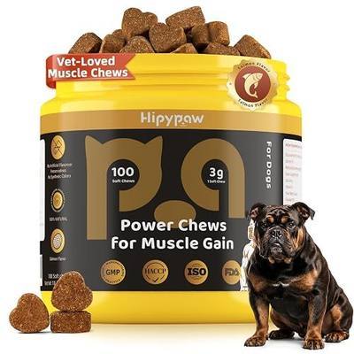 4-in-1 Muscle Gain Chews for Dogs: High Protein Supplement with BCAAs, Glucosamine & Salmon Oil – Premium Muscle Builder for All Breeds, Puppies to Senior – Salmon Flavor Soft Chews, 100 Tabs