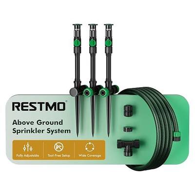 RESTMO Above Ground Sprinkler System,Irrigation Sprinklers for Yard,Green | DIY Flexible Metal Spike Sprinkler, Tool-Free, Adjustable Angle/Flow, 3 Sprinklers & 30ft Hose, Ideal for Plants & Gardens