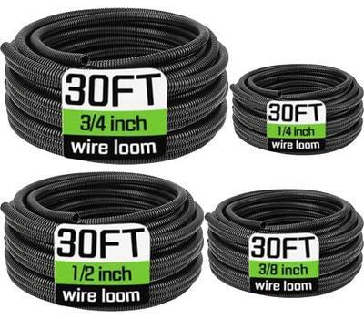 Wire Loom 1/4", 3/8", 1/2", 3/4 Inch x 30 FT, Split Wire Loom Tubing Wire Conduit, Cable Sleeves Bulk Flexible Electrical Conduit Protective kit, Black