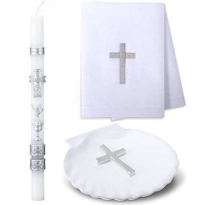 Lyrow 3 Pcs Baptism Candle Set for Boys and Girls Baptism Kit Include Baptismal Candle, Towel, Shell for Kids Christenings Favor(Chalice Dove Candles,Silver)