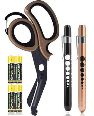 MEUUT Medical Scissors with 2 Penlights and Batteries for Nurses First Aid | 1 trauma shears with carabiner design, oxygen wrench. 2 medical penlights with 4 AAA batteries, pupil gauges and 5cm rulers