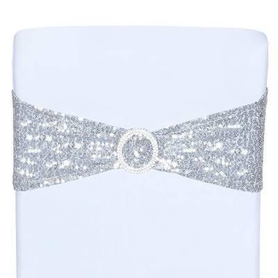 Poise3EHome Pack of 10 Silver Sequin Chair Sashes, Double Sided Glitter Stretchy Chair Bands with Buckle for Home Party Bridal Shower Wedding Banquet Reception Decorations