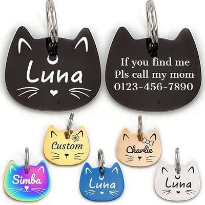 Personalized Cat Head ID Tag, Stainless Steel Engraved Pet Name Tag | Personalized with up to 4 Lines of Custom Text, Small Pet Mini Dog Cat Tag, Lightweight, Engraved on Both Sides