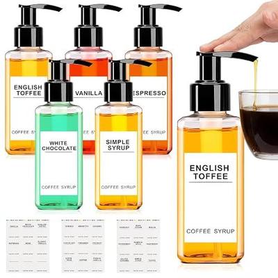 Nuogo 6 Pcs Coffee Syrup Dispenser Bottles Set 750ml, 500ml, 300ml, 150ml PET Black Syrup Bottles with Pump Dispenser 27 Labels for Coffee Bar Kitchen Accessories Portable Travel(5 oz,Square)