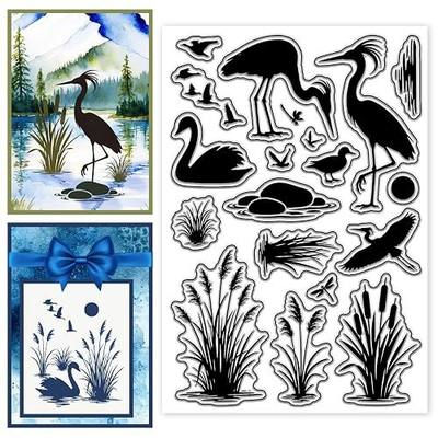 Wetlands Birds Pattern Clear Stamps Reeds Silicone Stamp Seal for DIY Scrapbooking and Card Making Paper Craft Decor 6.3 × 4.3 Inch