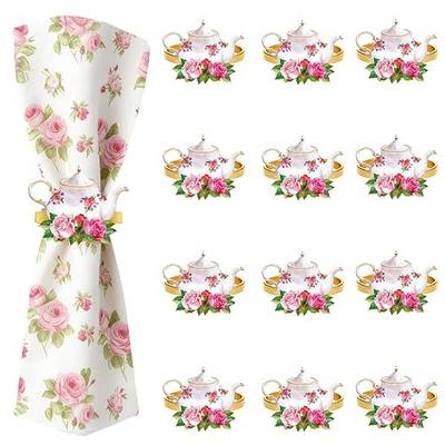 12 PCS Vintage Floral Teapot Napkin Ring Vintage Teapot Napkin Holder Tea Party Table Decor for Floral Theme Tea Party Birthday Wedding Bridal Shower Supply