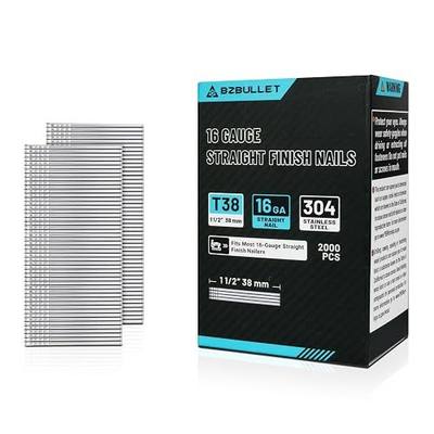 16 Gauge 1-1/2 Inch (38mm) Finish Nails, 304 Stainless Steel, Rust-Resistant for Baseboards & Crown Molding, Fits Most Straight Nailers (1 Box of 2000 Count)