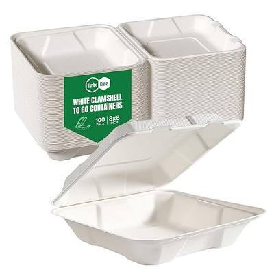 Turbo Bee 100 Pack 8x8inch White Compostable Take Out Containers with Lids, Disposable Clamshell Food Containers, Large To Go Boxes for Restaurant, Catering, Meal Prep & Food Service-White