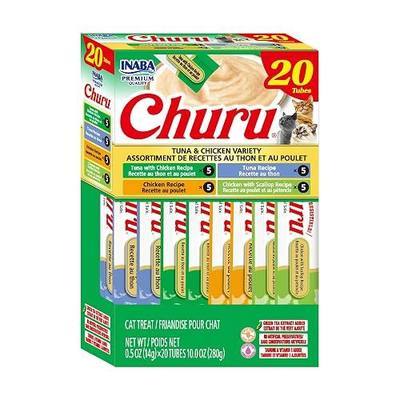 INABA Churu Cat Treats, Lickable, Squeezable Creamy Purée Cat Treat with Green Tea Extract & Taurine, 0.5oz. Each Tube, 20 Tubes, Tuna & Chicken Variety