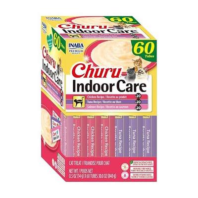 INABA Churu Indoor Care for Hairball Control, Functional Lickable Cat Treat with Taurine & Green Tea Extract, 0.5oz Each, 60 Tubes Total, Chicken & Seafood Variety