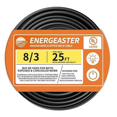 Energeaster Stranded Indoor 8/3 NM-B Copper Cable with Ground 25FT, Black | 25FT NMB Cable 8 Gauge Wire 3 Conductors 600V Bare Copper Non-Metallic Sheathed Stranded Indoor Residential Electrical Wire