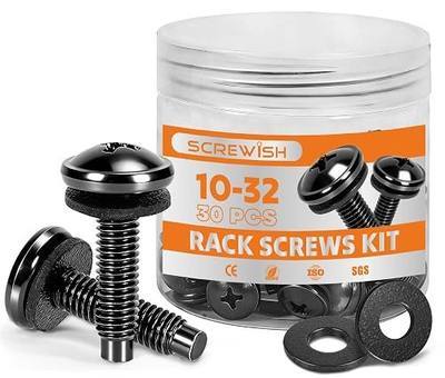 30 Pack 10-32 Rack Screws with Nylon Washers, Self-Guiding Pilot Point, Carbon Steel Black Zinc Plated for Server Racks, Network Cabinets