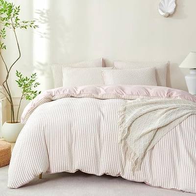 Dusty Pink Comforter Set Queen Size Soft Luxury Washed Microfiber Jacquard 3 Pieces Bedding Set, White Dusty Pink Vertical Ticking Stripes Comforter with 2 Pillowcases Breathable Durable Comfy