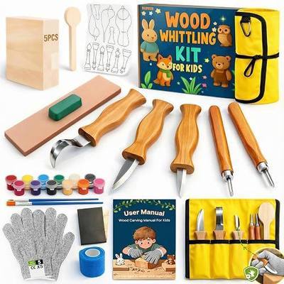 Wood Carving Whittling Kit for Kids: Round-Tip Knife Set with Storage Bag | Supervised Starter Tool Projects, Cut-Resistant Gloves & Tape, Sanding and Painting Extras, Gift-Ready Bundle