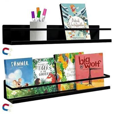 2 Pcs Magnetic Metal Book Shelves, 15.7'' x 2.7'' x 2.7'', Special for Whiteboard, Classroom and Fridge Storage, Holds up to 12 lbs (Black)