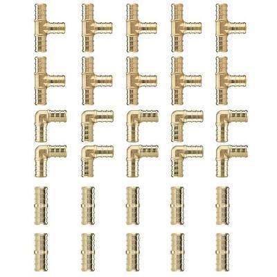 FlowField 1/2 Pex-B Brass Fittings Drop Ear Elbow, Tee, Coupling, Set, for PEX Piple Plumbing (1/2 3-Variety Set, 30)