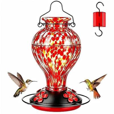 Hand Blown Glass Hummingbird Feeders for Outdoors Hanging, 24oz Wild Bird Nectar Feeder with Ant Moat and Perch, Bee-Resistant Ports, Garden Decor, Gifts for Women Mom, 1 Pack, Red Polka Dots
