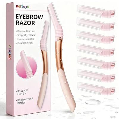 Eyebrow Razor,Face Razor, Dermaplane Razo with Protective Silicone Cap | Facial Hair Removal, Precision Shaping,Reusable Metal Handle with 7 Refill Blades
