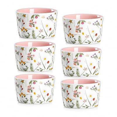 ONEMORE 6 oz Ramekins Oven Safe, Floral Ceramic Ramekin Set of 6 Pink Ramekins for Baking & Serving, Creme Brulee Dishes, Custard Pudding Souffle Cups, Small Dessert Bowls for Oven, Air Fryer