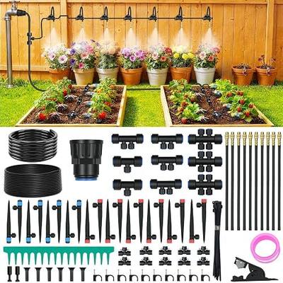 100FT Drip Irrigation Kit with 30 Emitters, 3 Spray Types, Push-Fit System | Quick-connect Fittings, Save water, Leak-free, Automatic Plant Watering Sprinkler System for Greenhouse, Potted, Raised Bed