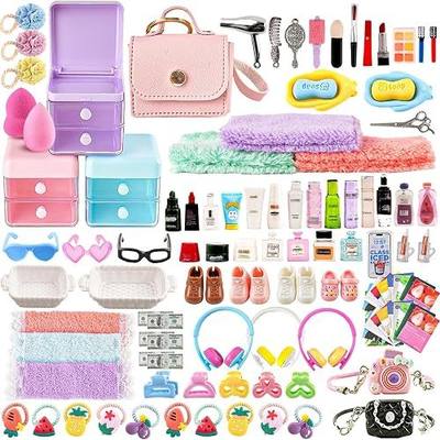116Pcs Dollhouse Mini Accessories Set - Makeup Tools Bathroom Toiletries Handbag for DIY Micro Scene Decoration Simulation Shampoo Hair Dryer Cosmetic Brush for Bedroom Girl Novelty Toy Jewelry Box