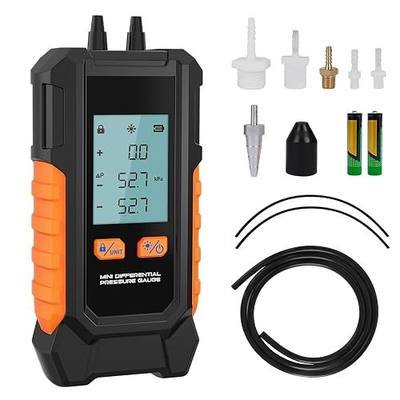 Manometer Gas Pressure Tester, Dual-Port HVAC Digital Differential Pressure Gauge with 6 Switchable Units, Large Backlit LCD, Data Hold Function, 7 Adapters, -101 to 200 kPa Range