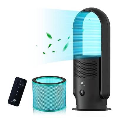 ULTTY Bladeless Tower Fan and Air Purifier Combo, Quiet Oscillating Fan with Remote & Touch Control, 9 Speeds, 8H Timer, HEPA Air Filter, Safe Floor Fan for Bedroom Home Office Black, 23.5"inch
